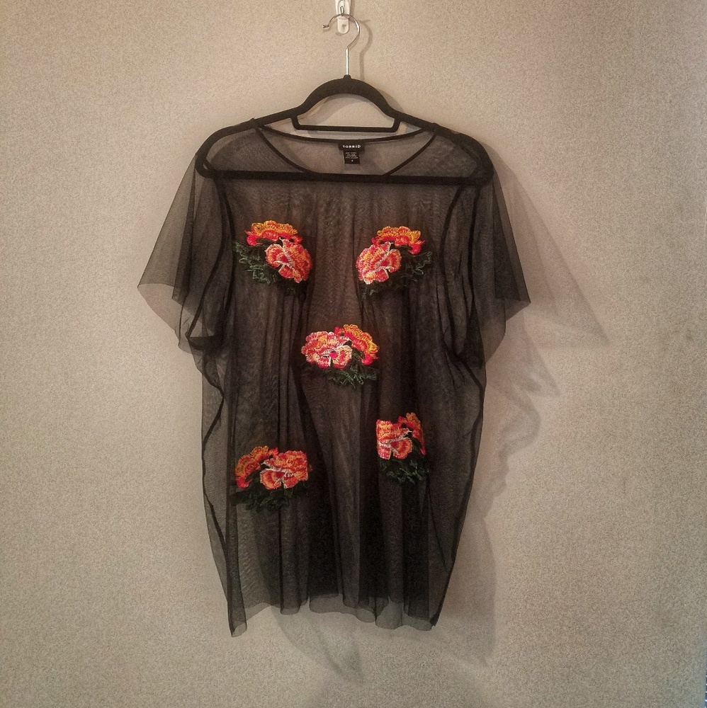 Torrid Floral Embroidered Black Mesh Top
